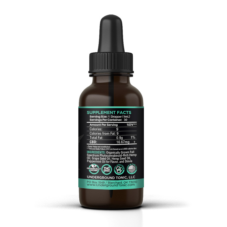 Underground Tonic's 500mg Mint CBD Oil Tincture Supplemental Facts